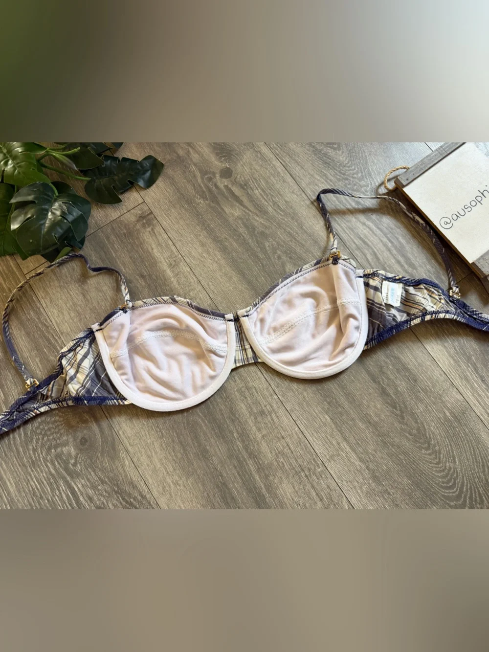 J Crew 100% Cotton Plaid Underwire Balconette Bra in Blue and Cream. Size 14